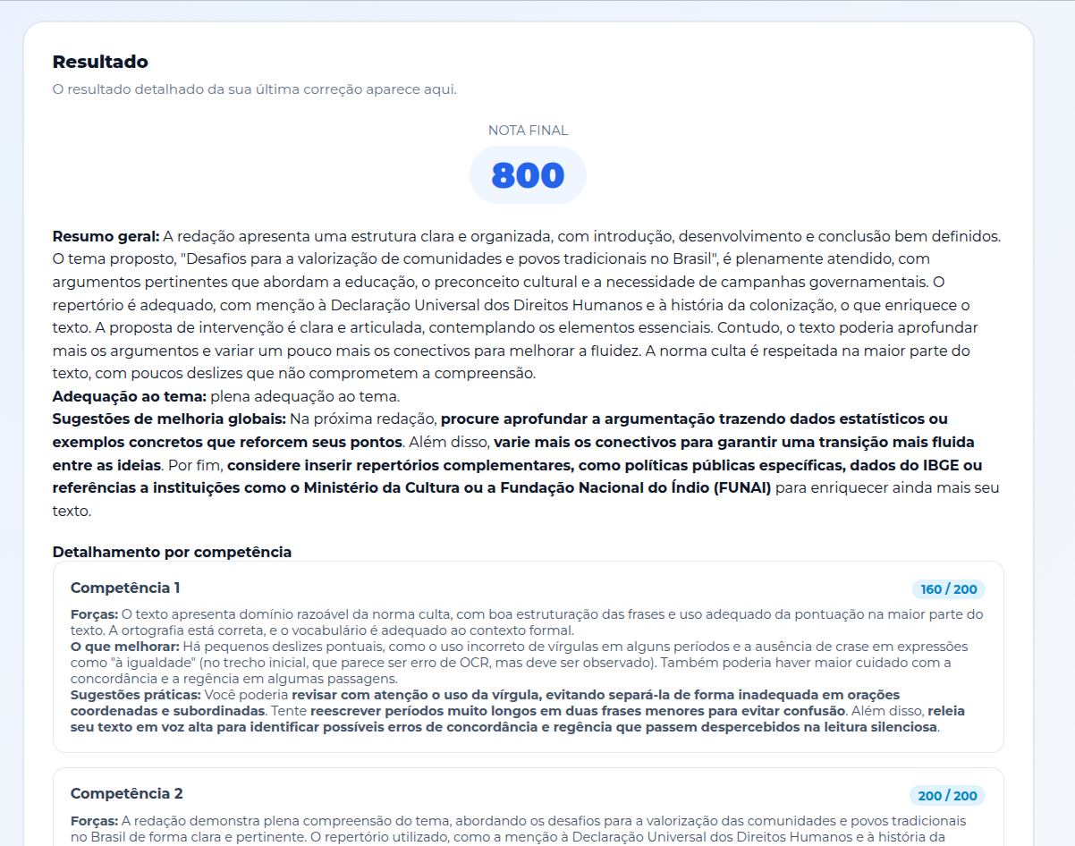 Print da tela de correção com notas por competência na Mooose