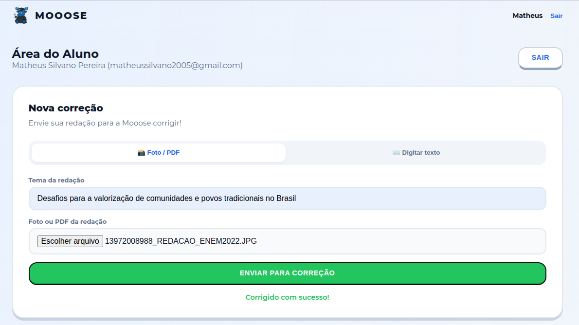 Print da tela de envio de redação da Mooose